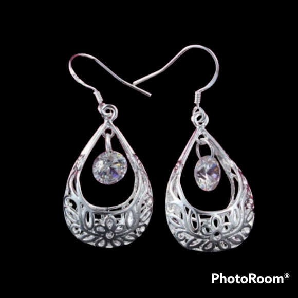 Sterling Silver Teardrop CZ Earrings - Picture 1 of 2